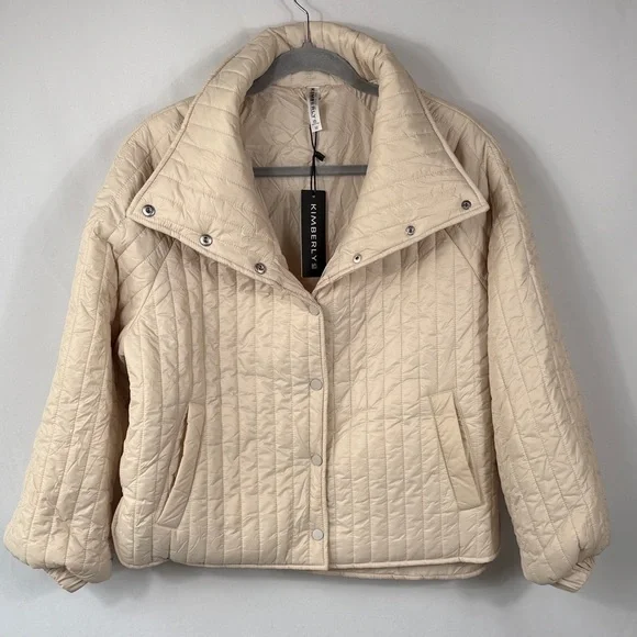 Kimberly Quilted Puffer Snap Jacket - Cream. Womens Size Medium. NWT. Oversized - Picture 1 of 11
